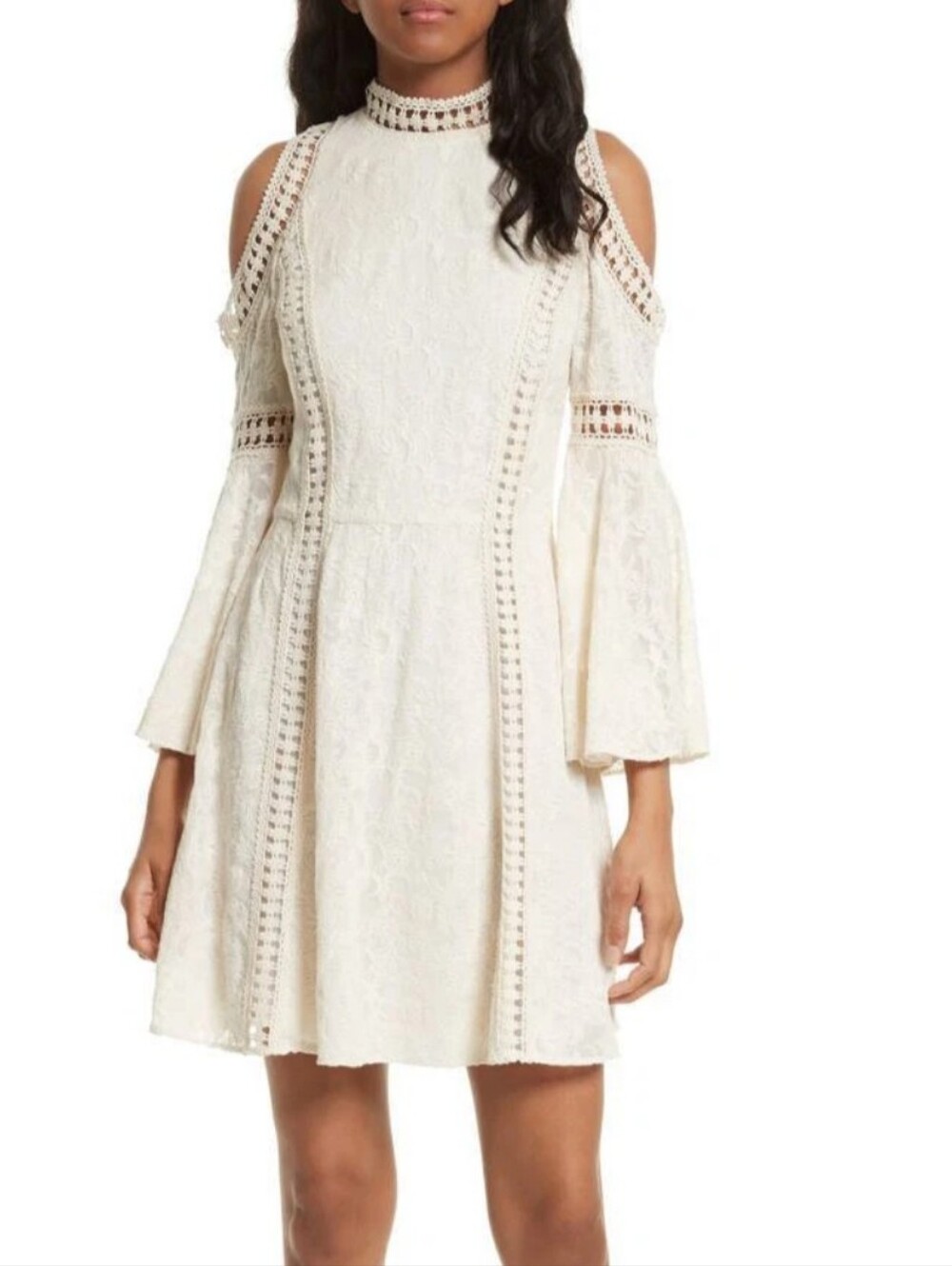 Alice + Olivia Enya Embroidered Cold Shoulder Mini Dress Size 2 Lace Bell Sleeve